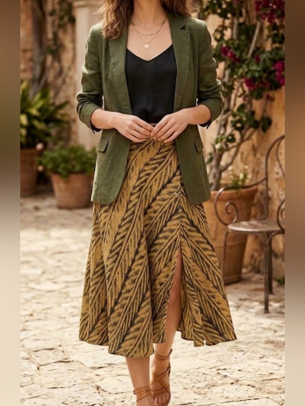 Lauren Ralph Lauren Silk Linen Blend A-Line Skirt Sz Large Zibra Leaf Print Tan